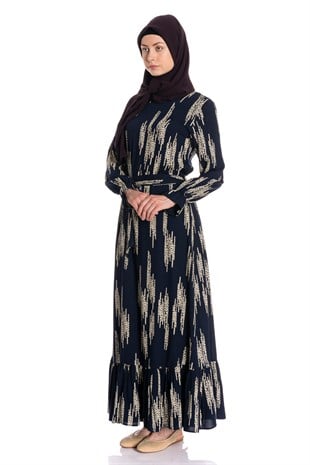 Etek Fırfırlı Desenli Lacivert Elbise Dresses