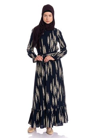 Etek Fırfırlı Desenli Lacivert Elbise
