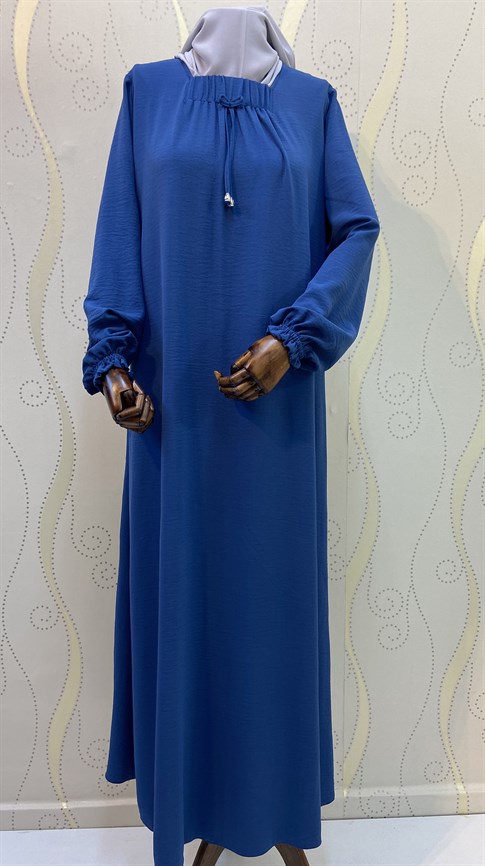 Yakası Büzgülü Salaş Elbise-Mavi-Aerobın  Elbise